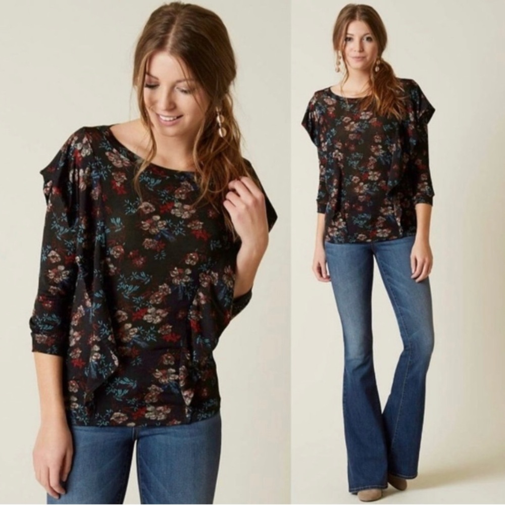 FREE PEOPLE Dock Street Floral Ruffle Top - Black - Size M